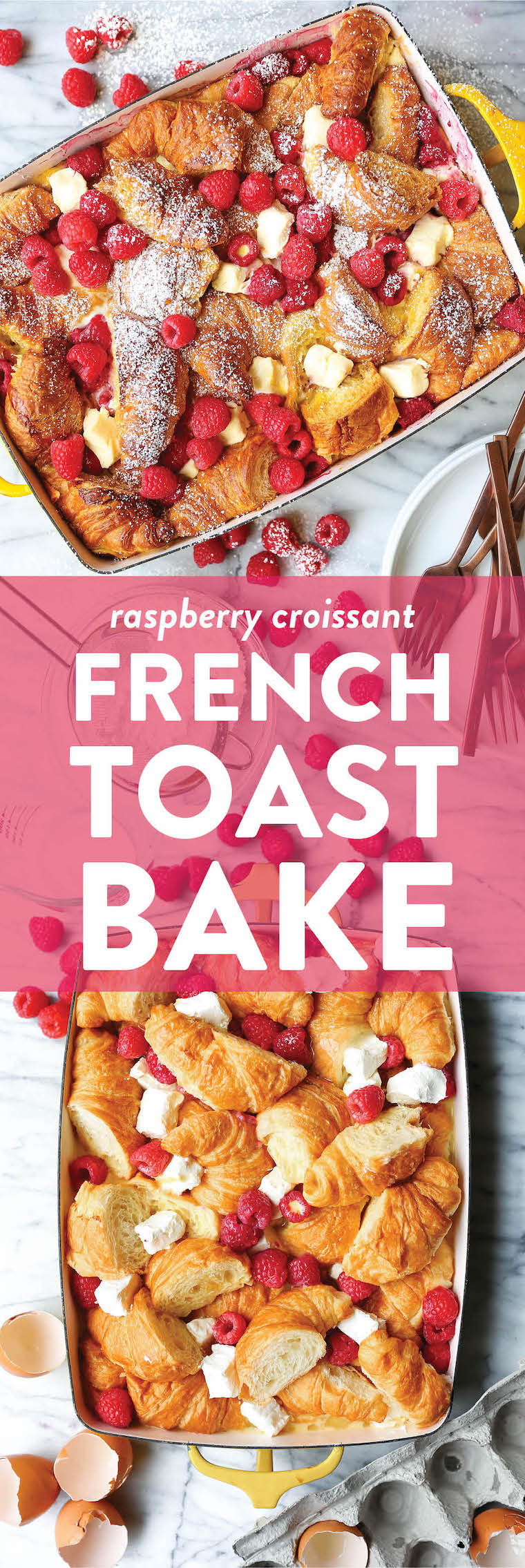 Raspberry Croissant French Toast Bake - Easiest overnight French toast casserole! Prep the night before and bake in the morning. Too easy and so impressive!