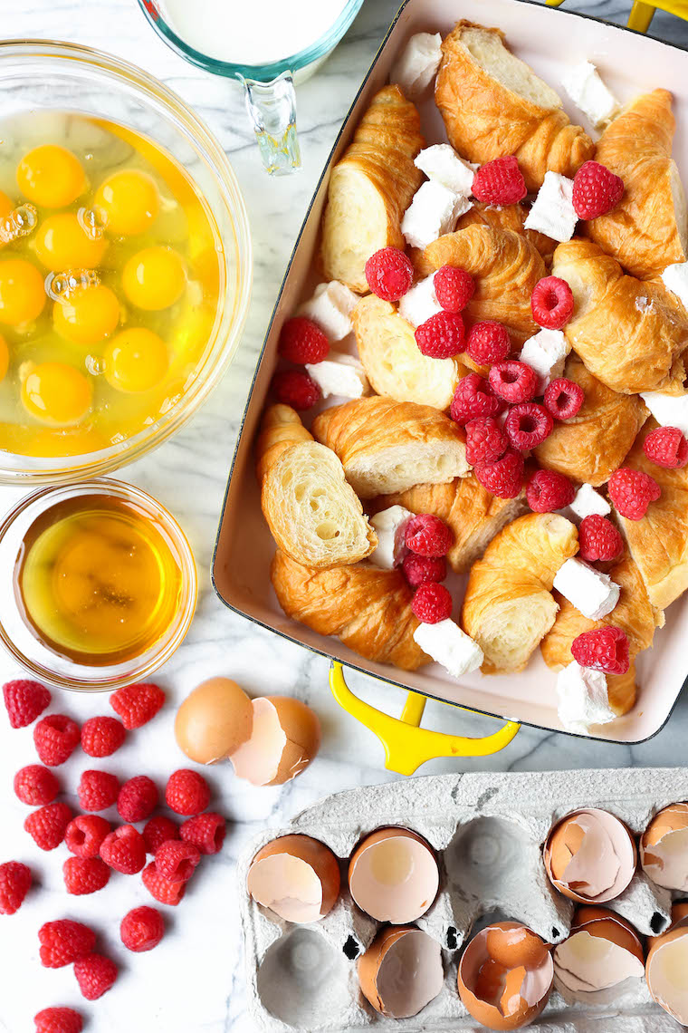 Raspberry Croissant French Toast Bake - Easiest overnight French toast casserole! Prep the night before and bake in the morning. Too easy and so impressive!