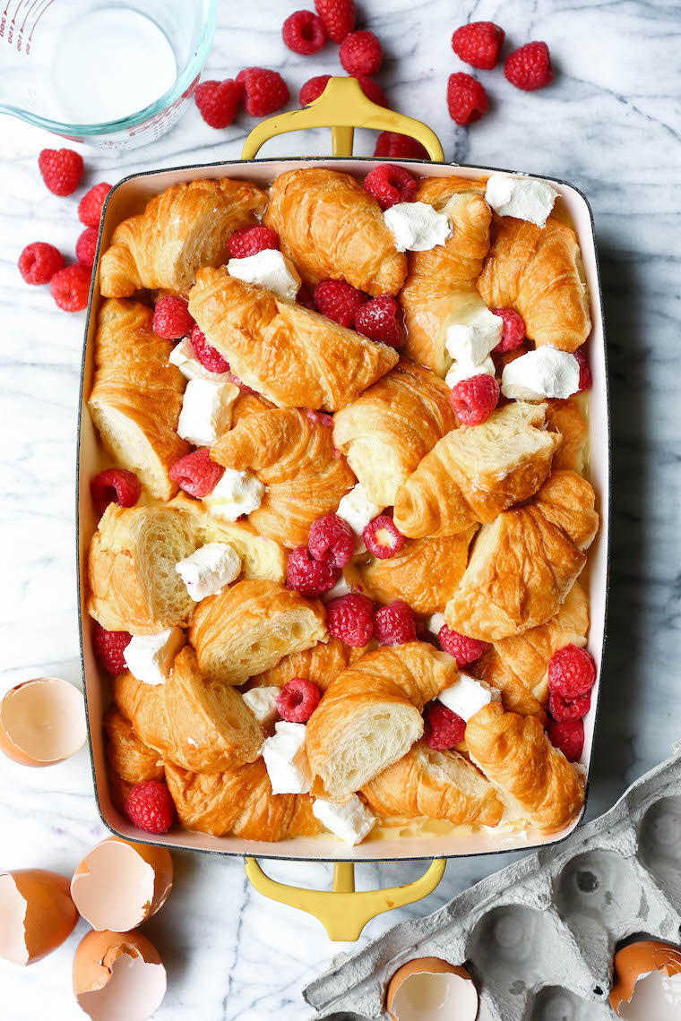 Raspberry Croissant French Toast Bake - Easiest overnight French toast casserole! Prep the night before and bake in the morning. Too easy and so impressive!