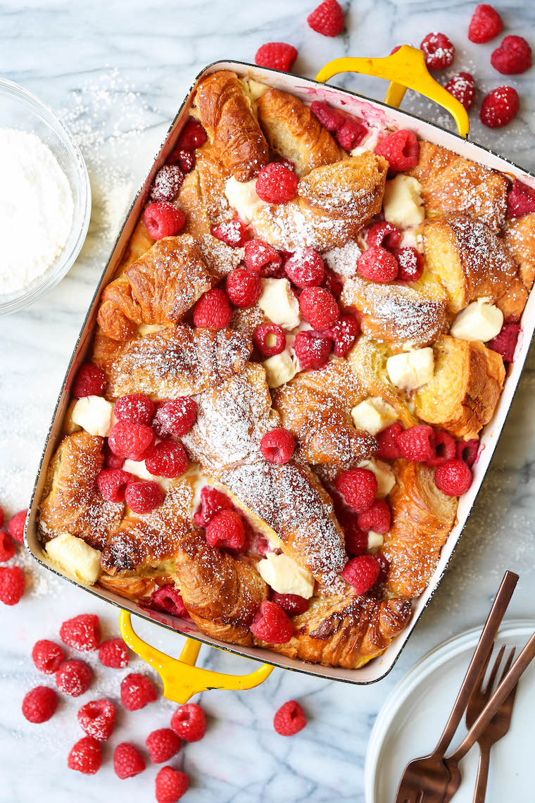 Raspberry Croissant French Toast Bake - Easiest overnight French toast casserole! Prep the night before and bake in the morning. Too easy and so impressive!