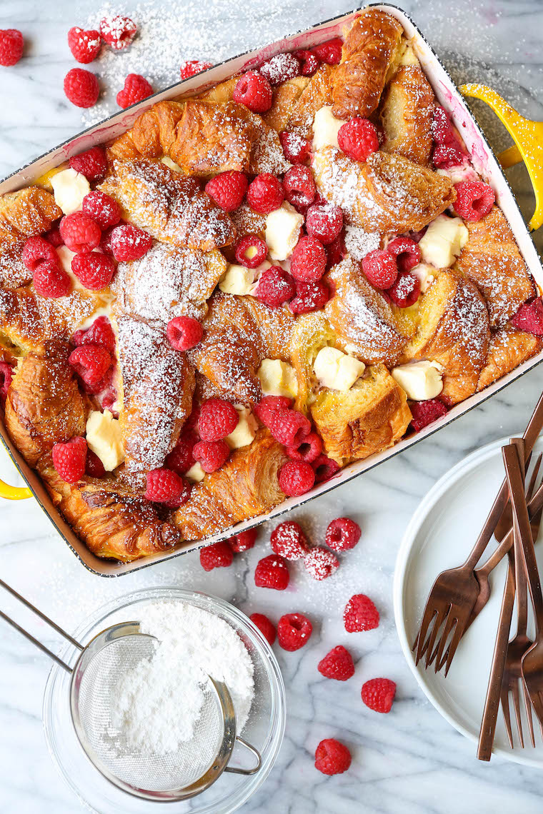 Raspberry Croissant French Toast Bake - Easiest overnight French toast casserole! Prep the night before and bake in the morning. Too easy and so impressive!