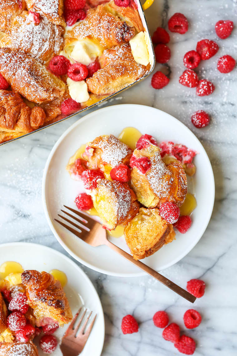 Raspberry Croissant French Toast Bake - Easiest overnight French toast casserole! Prep the night before and bake in the morning. Too easy and so impressive!