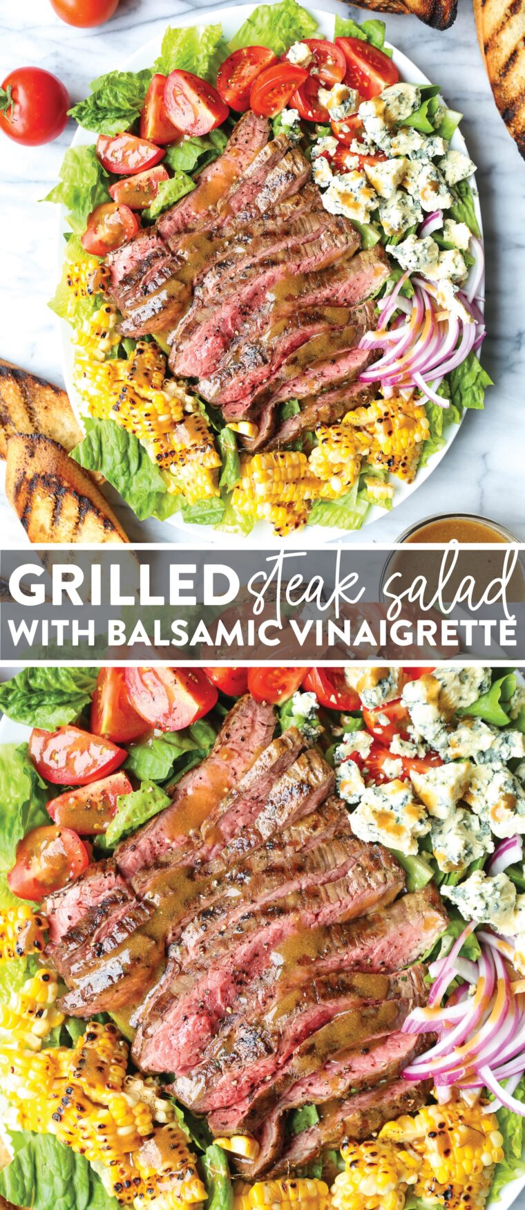 Grilled Steak Salad with Balsamic Vinaigrette - No more boring salads! This grilled steak salad is made with juicy, tender steak, corn, tomatoes, cheese, and a homemade balsamic vinaigrette!