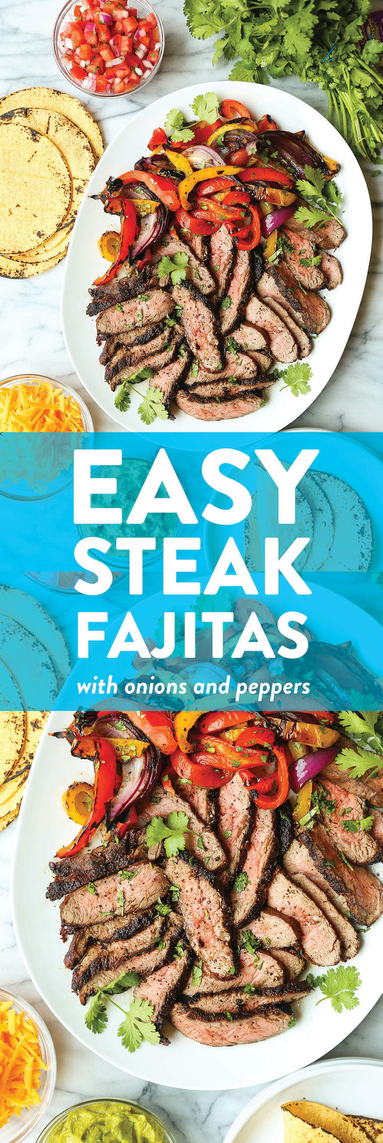 Easy Steak Fajitas - Tender, juicy, melt-in-your-mouth slices of steak with bell peppers and onion. SO SO GOOD. Serve with tortillas, pico and guacamole.