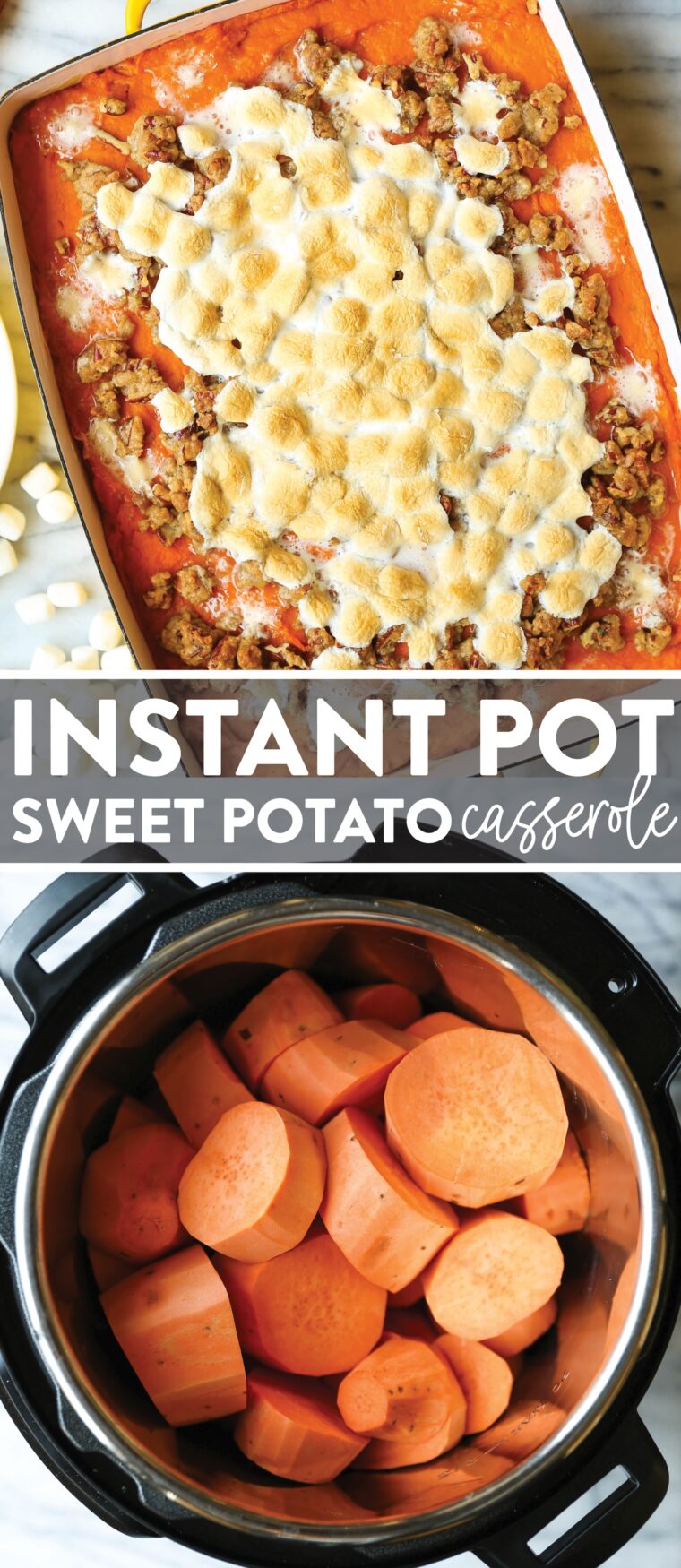 Instant Pot Sweet Potato Casserole - Make-ahead sweet potato casserole! The sweet potatoes get cooked so fast, topped with a crumbly pecan streusel + toasted marshmallow topping!