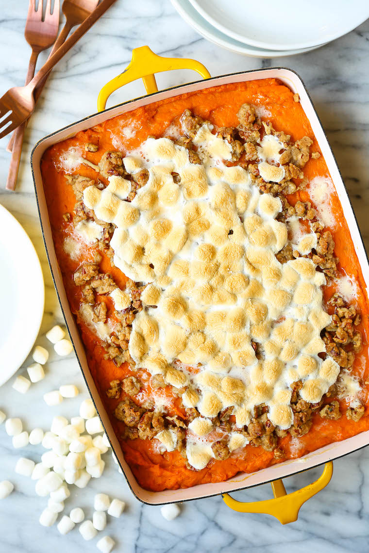 Instant Pot Sweet Potato Casserole - You can easily make this ahead of time; bake when ready to serve with toasted marshmallows + a pecan streusel topping!