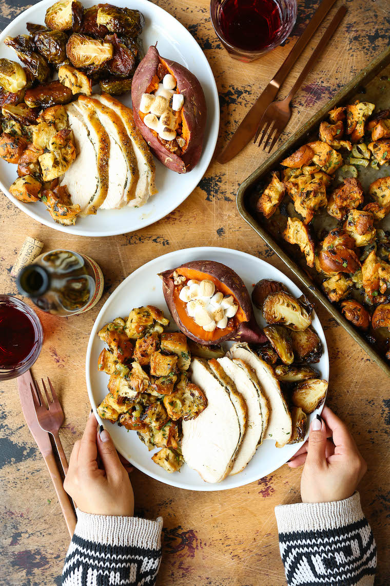 Sheet Pan Thanksgiving Dinner - Turkey, stuffing, brussels sprouts + sweet potatoes in less than 2 hrs on just TWO SHEET PANS! So quick with easy clean up!