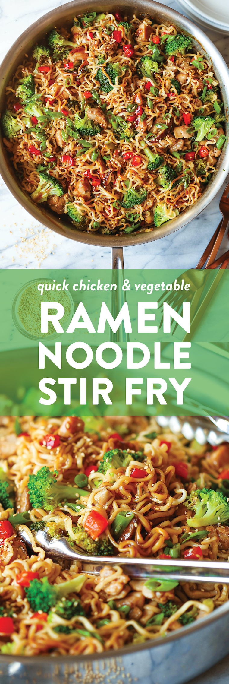 Quick Chicken Ramen Noodle Stir Fry - Tender chicken, broccoli, bell pepper + mushrooms with the best, easiest stir fry sauce ever. 30 min!