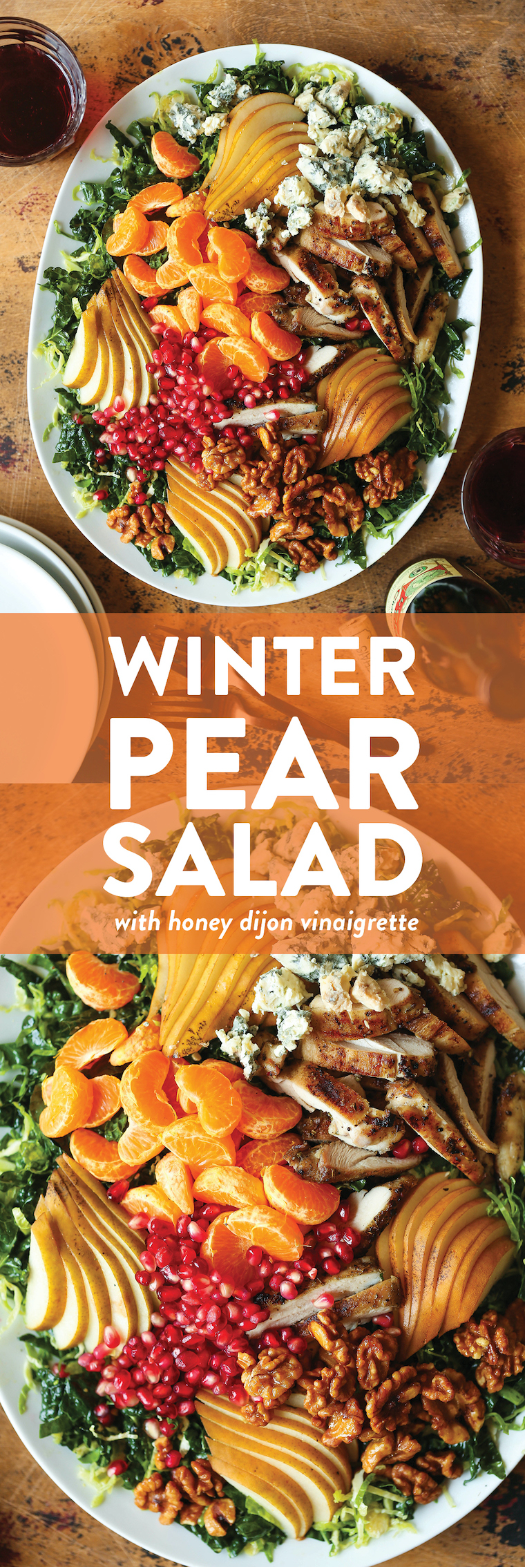 Winter Pear Salad - So hearty with so many feel-good ingredients! Lemon rosemary chicken, brussels sprouts, pear and a honey dijon dressing!