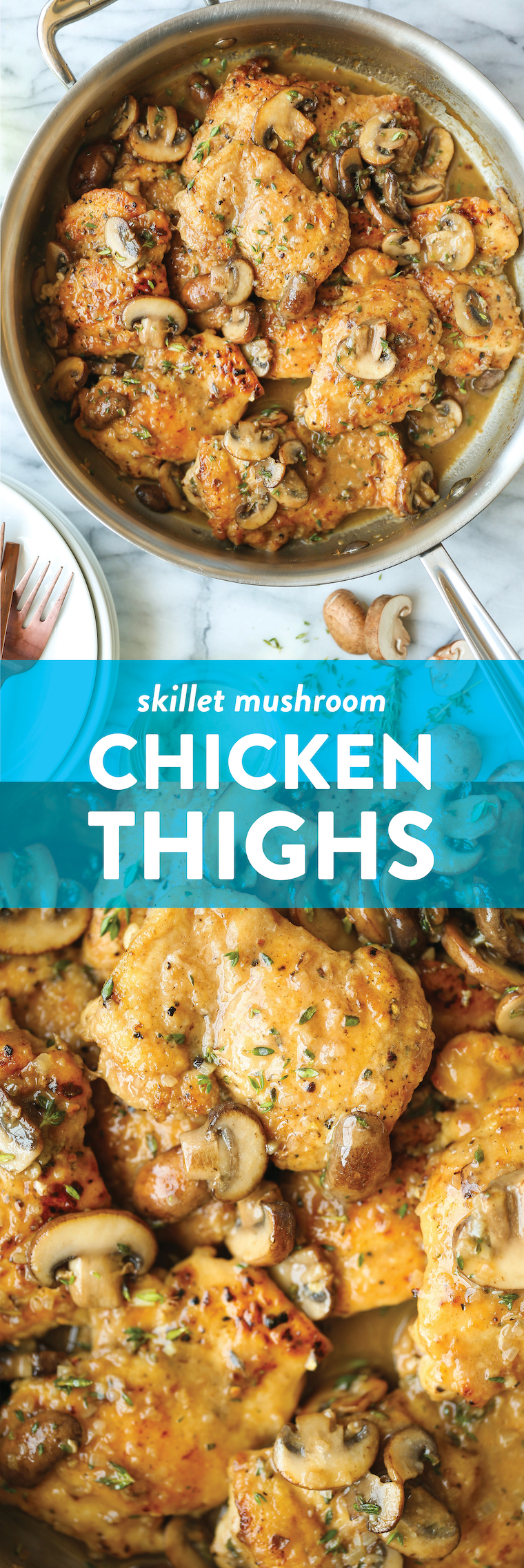 Skillet Mushroom Chicken Thighs - Golden brown, super juicy, tender chicken smothered in a garlicky, mushroom butter sauce. 30 min. So quick, so so good!