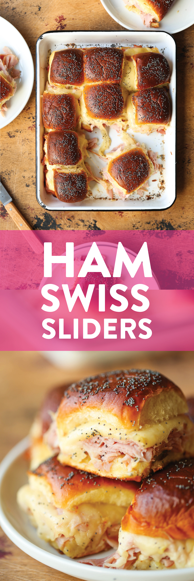 Ham and Swiss Sliders - Ham, Swiss cheese, Dijon, and oh-so-buttery Hawaiian rolls, all baked to absolute perfection. So easy and perfect for a big crowd!
