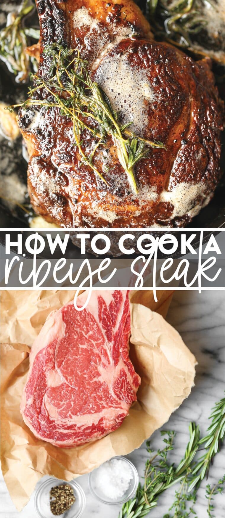 Why go to a steakhouse when you can make the most perfect ribeye right at home? Pan seared with the best garlicky herb butter!