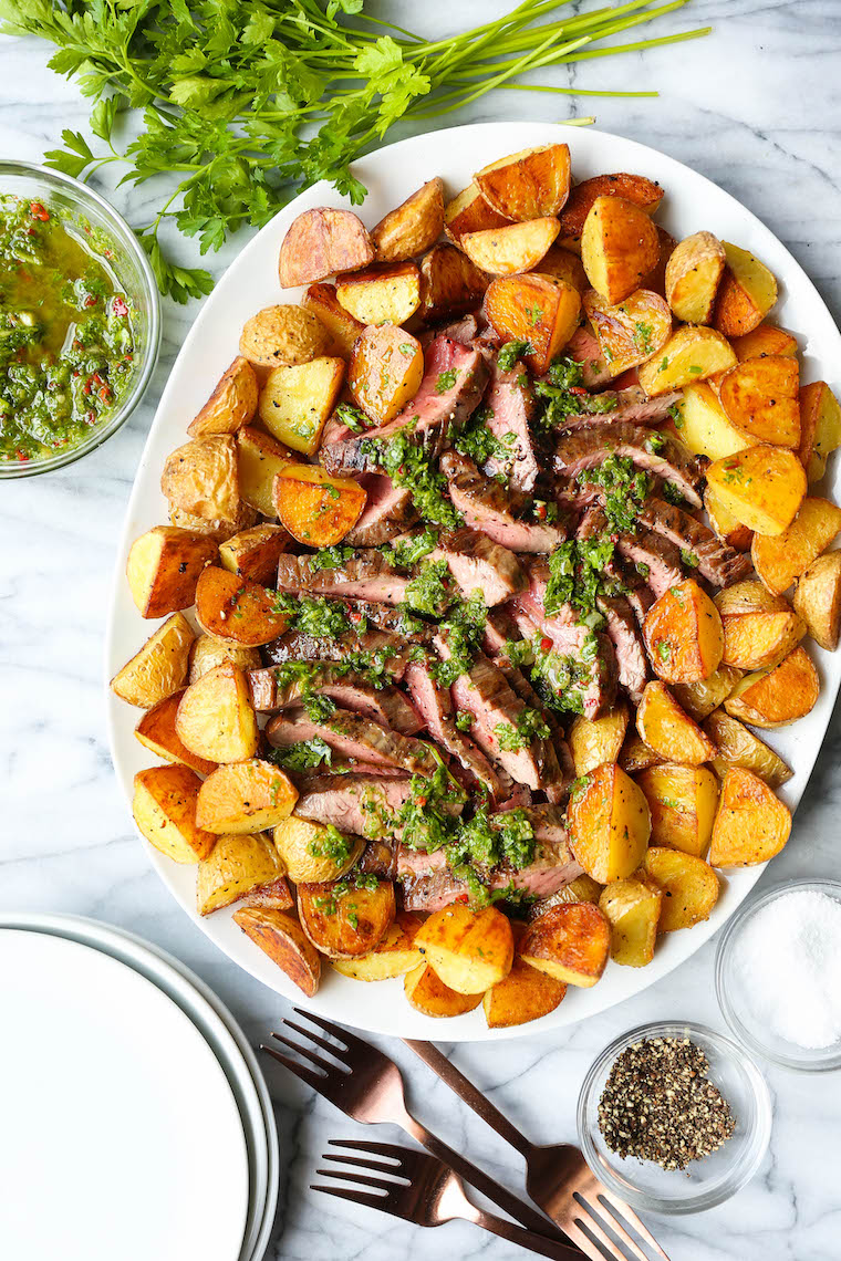 Steak and Potatoes with 5 Minute Chimichurri Sauce - Melt-in-your-mouth perfectly cooked steak, the crispiest potatoes and the quickest chimichurri sauce!