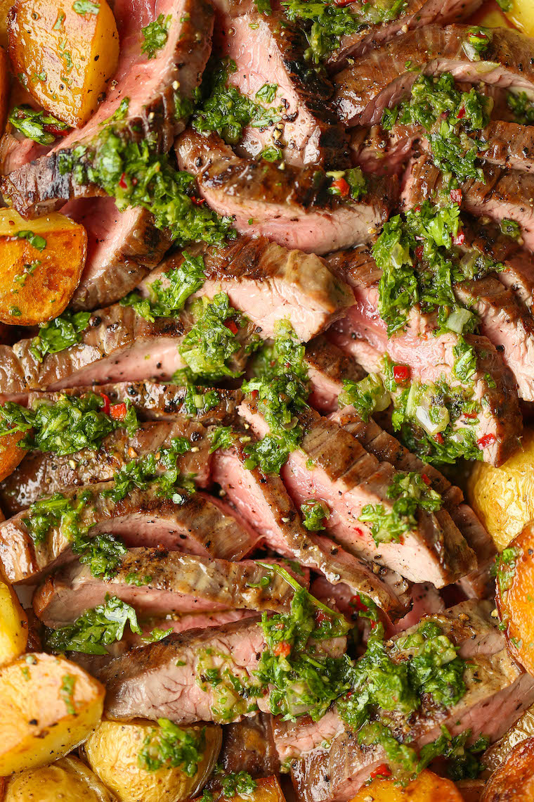 Steak and Potatoes with 5 Minute Chimichurri Sauce - Melt-in-your-mouth perfectly cooked steak, the crispiest potatoes and the quickest chimichurri sauce!