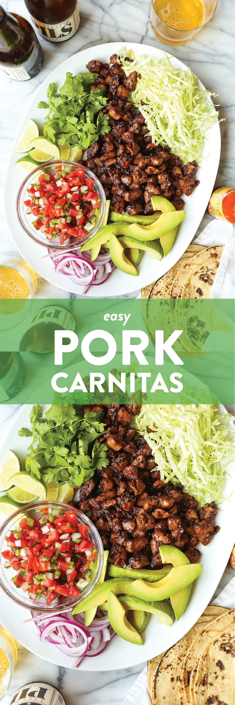 Easy Pork Carnitas - Juicy, tender pork carnitas made in 30 min, start to finish! No fuss, no hassle. Serve as tacos or burrito bowls. So easy, so so good.