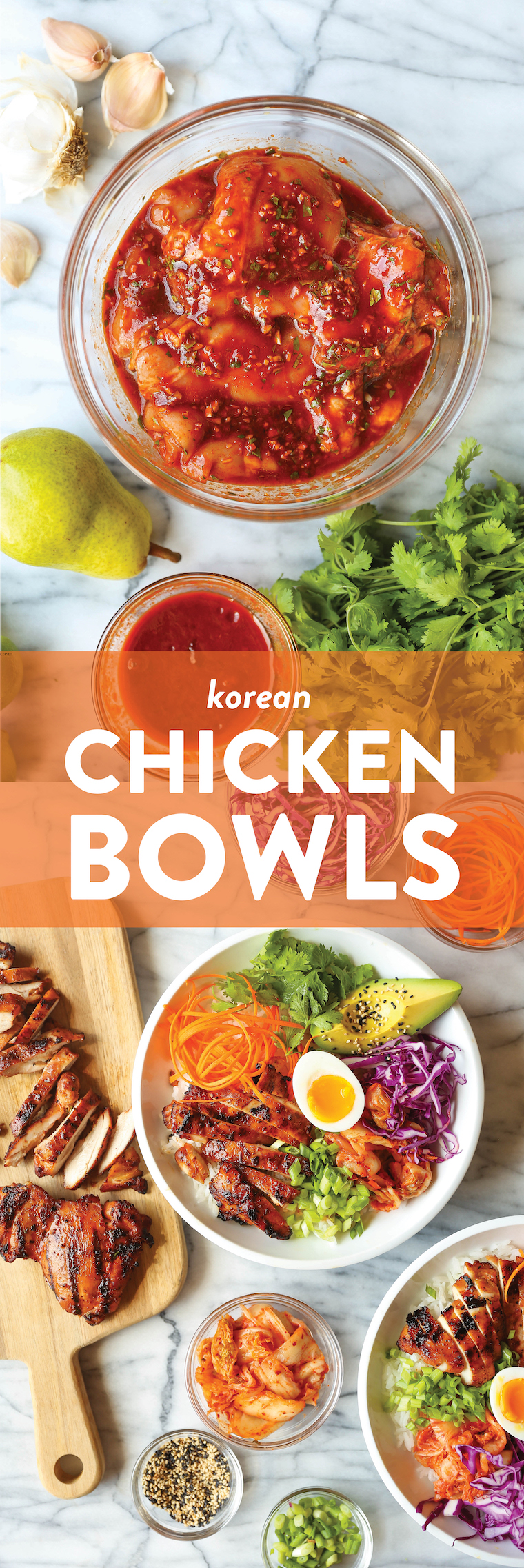 Korean Chicken Bowls - Juicy, flavorful Korean chicken bowls made with the easiest marinade ever! Serve with your choice of grain/rice and desired toppings!