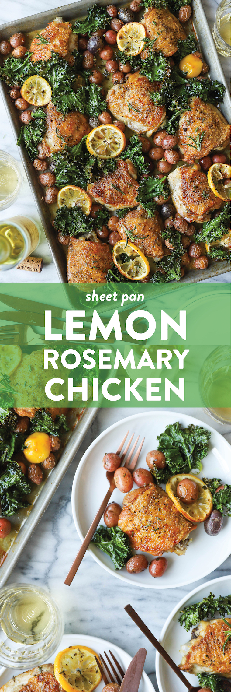 Sheet Pan Lemon Rosemary Chicken - SHEET PAN DINNER! Crispy, juicy chicken thighs with tender baby potatoes and crisped kale. So hearty, so good, so easy!