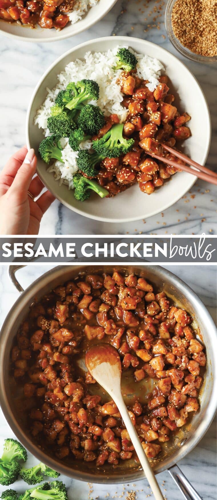 Sesame Chicken Bowls - Super saucy, crisp-tender sesame chicken! 1000x better than takeout, made in 30min or less. Serve with rice and broccoli. SO SO GOOD.