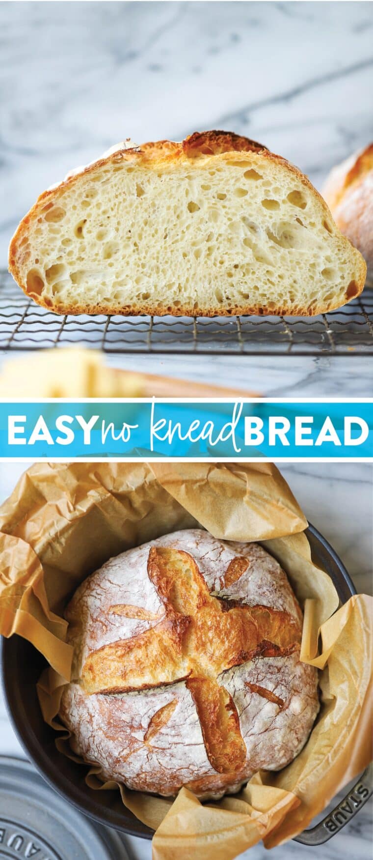 Easy No Knead Bread - FOOL-PROOF and only 4-ingredients! So hearty and rustic with the most amazing crust - so fluffy, soft + chewy inside.