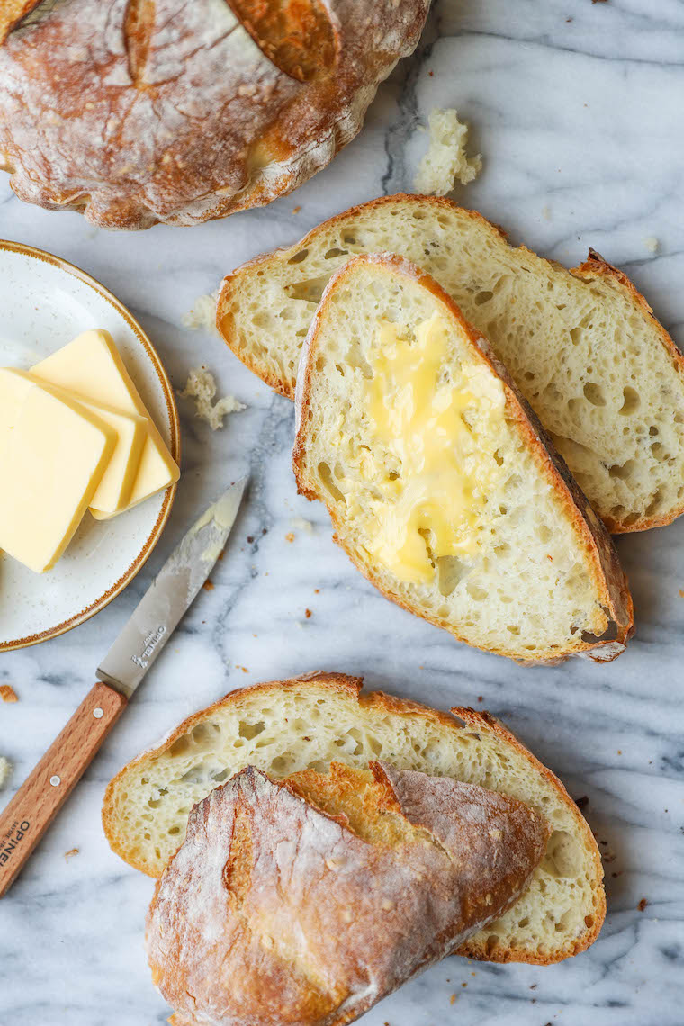 Easy No Knead Bread - FOOL-PROOF and only 4-ingredients! So hearty and rustic with the most amazing crust + fluffy, soft, chewy inside. Seriously, SO GOOD.