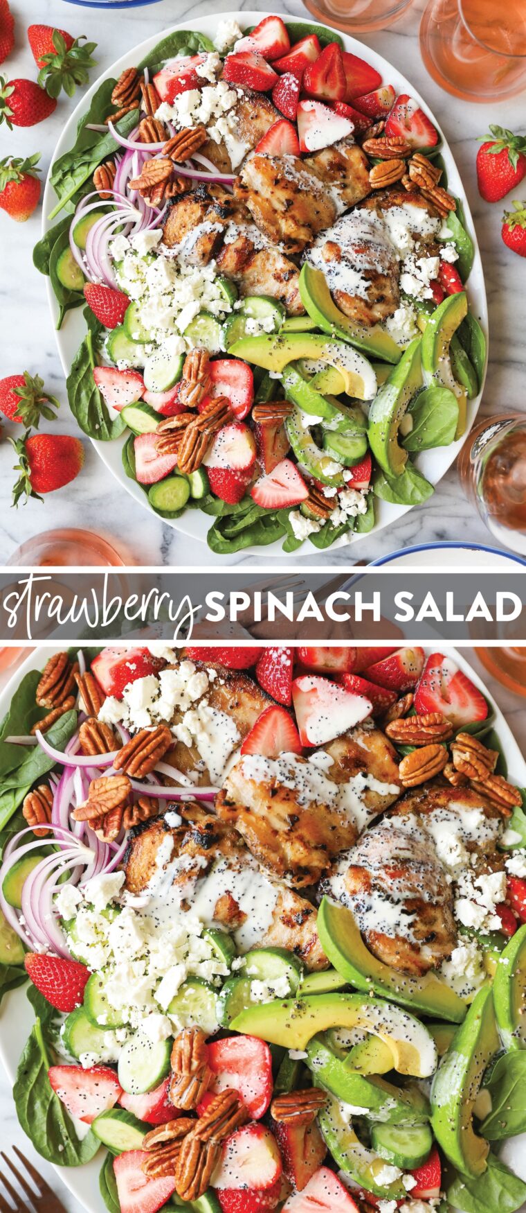 Strawberry Spinach Salad - This strawberry spinach salad is simple, fresh, and easy to make! Made with the juiciest, tender chicken and the dreamiest homemade dressing!