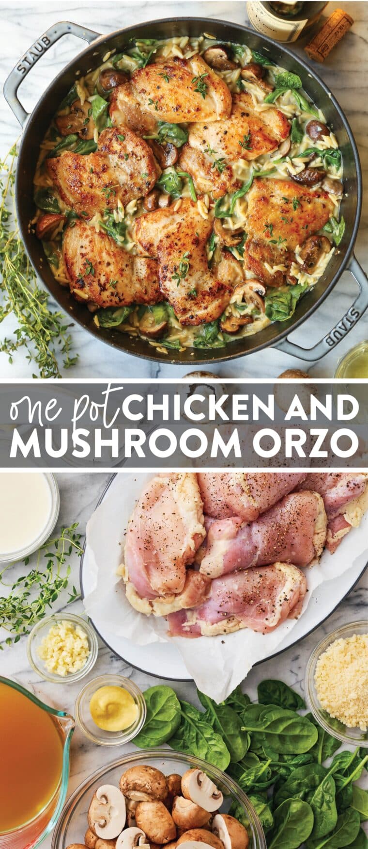 One Pot Chicken and Mushroom Orzo - Amazingly creamy orzo with juicy chicken, mushrooms and baby spinach. All made in one skillet, even the uncooked pasta!