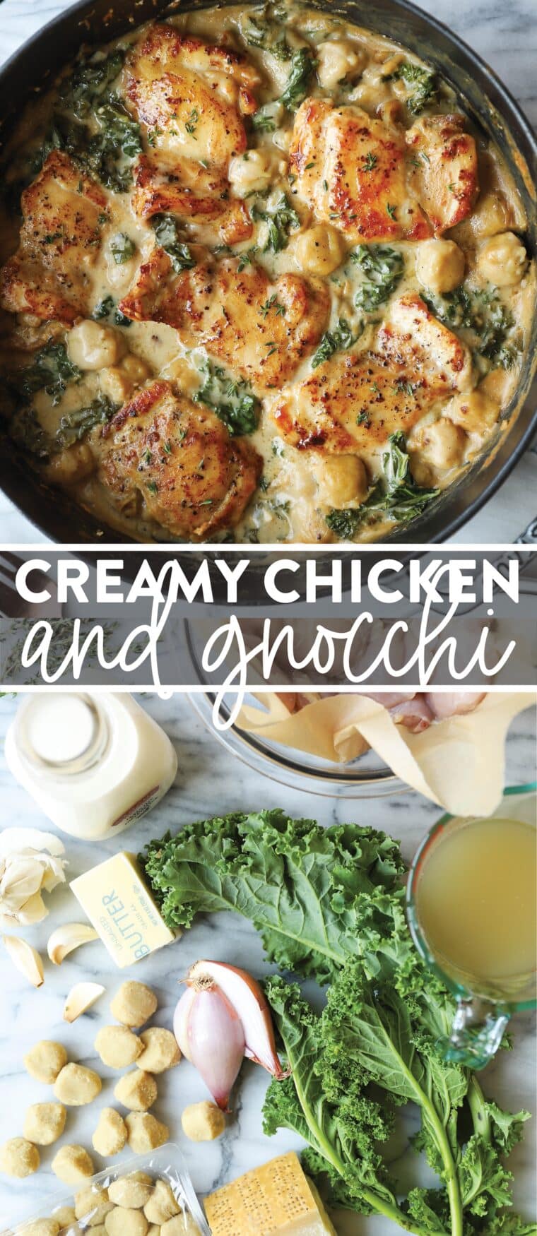 Creamy Chicken and Gnocchi - Soft-pillowy gnocchi, a garlicky cream sauce, tender, juicy chicken thighs, and sneaked-in kale? Yes, 1,000% yes.