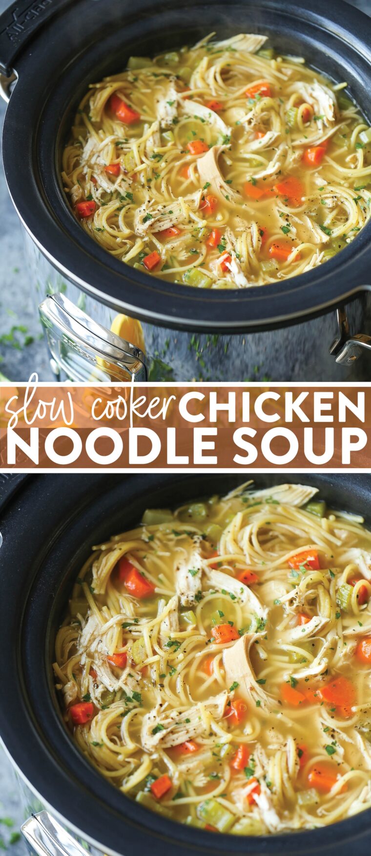 Slow Cooker Chicken Noodle Soup - So hearty, comforting and soothing (and so easy!). Perfect during the cold weather or fighting off a cold!