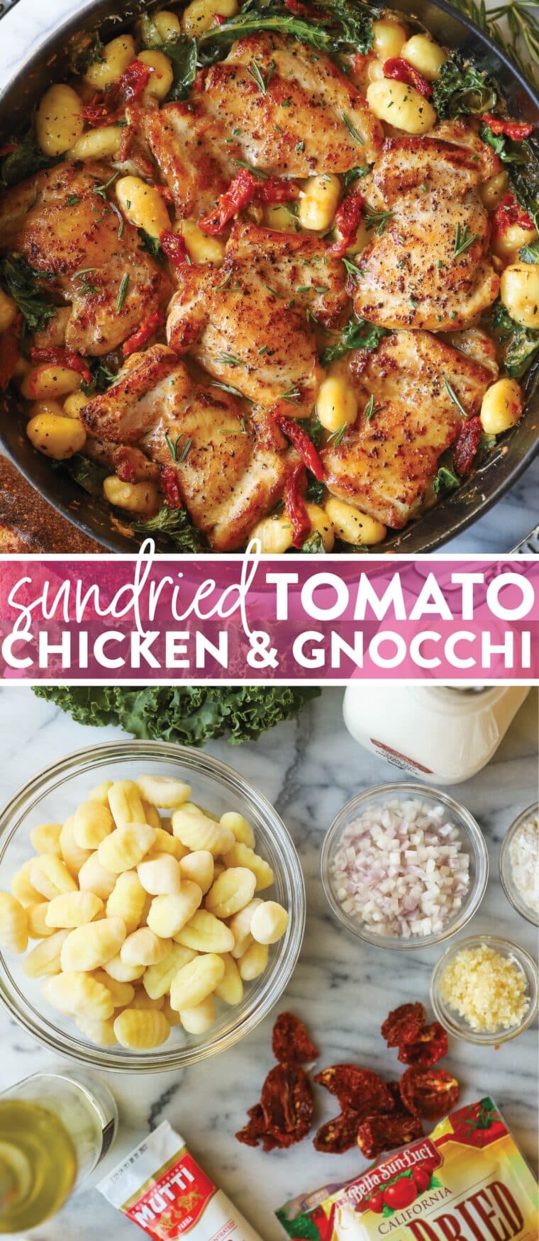 Sun Dried Tomato Chicken and Gnocchi - Tender, juicy chicken thighs in an AMAZING garlicky sun dried tomato cream sauce. So simple, so good.