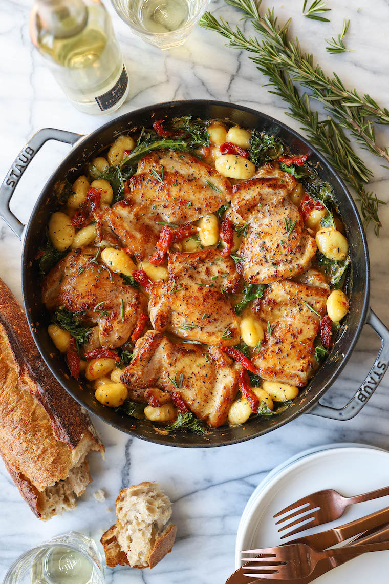 Sun Dried Tomato Chicken and Gnocchi - Tender, juicy chicken thighs in an AMAZING garlicky sun dried tomato cream sauce. So simple, so good.