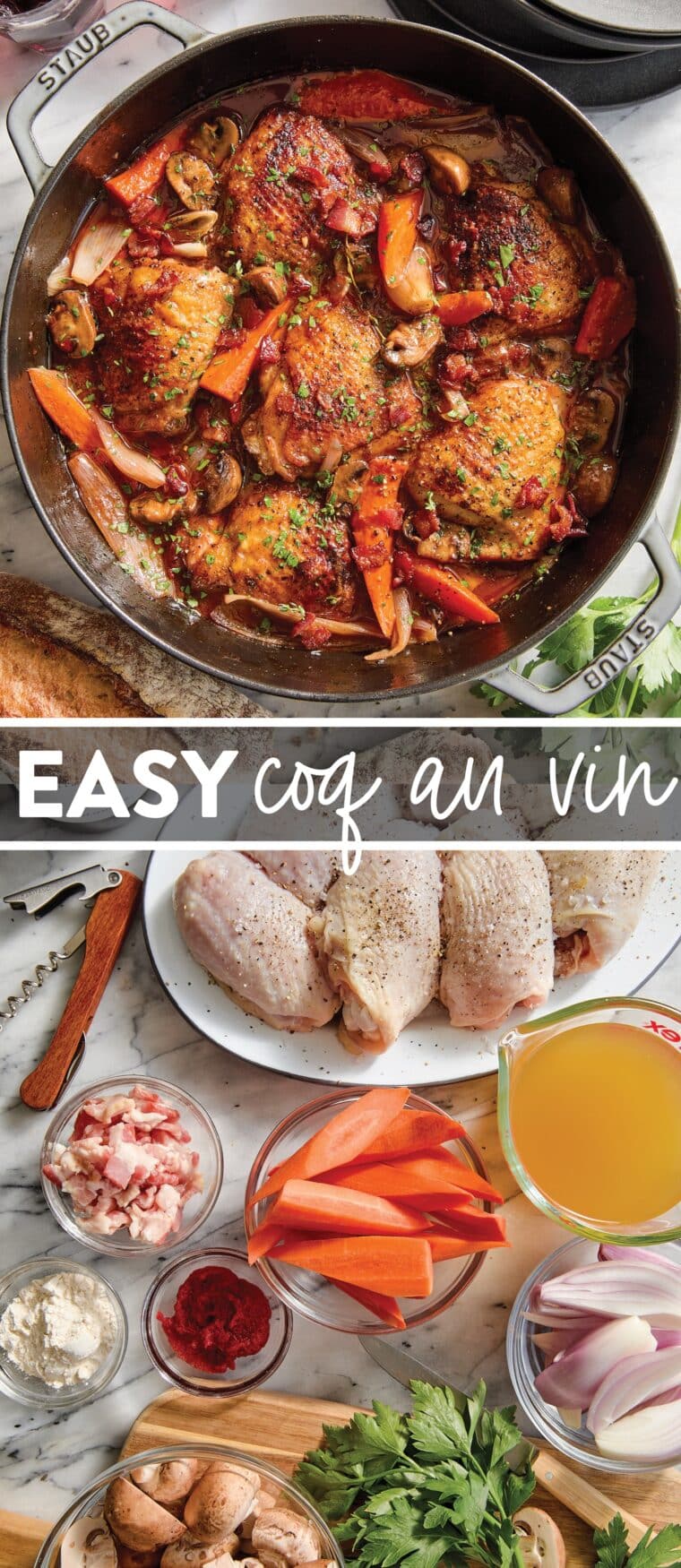 Easy Coq Au Vin - Truly the most amazing braised chicken (so tender, literally falling off the bone!) served in a heavenly red wine sauce!