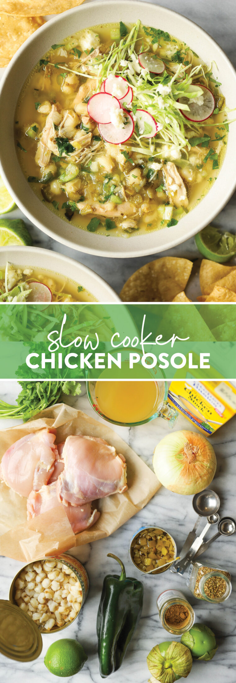 Slow Cooker Chicken Posole - Made so easily right in your crockpot! Loaded with shredded chicken, hominy and green chiles. So cozy, so good.