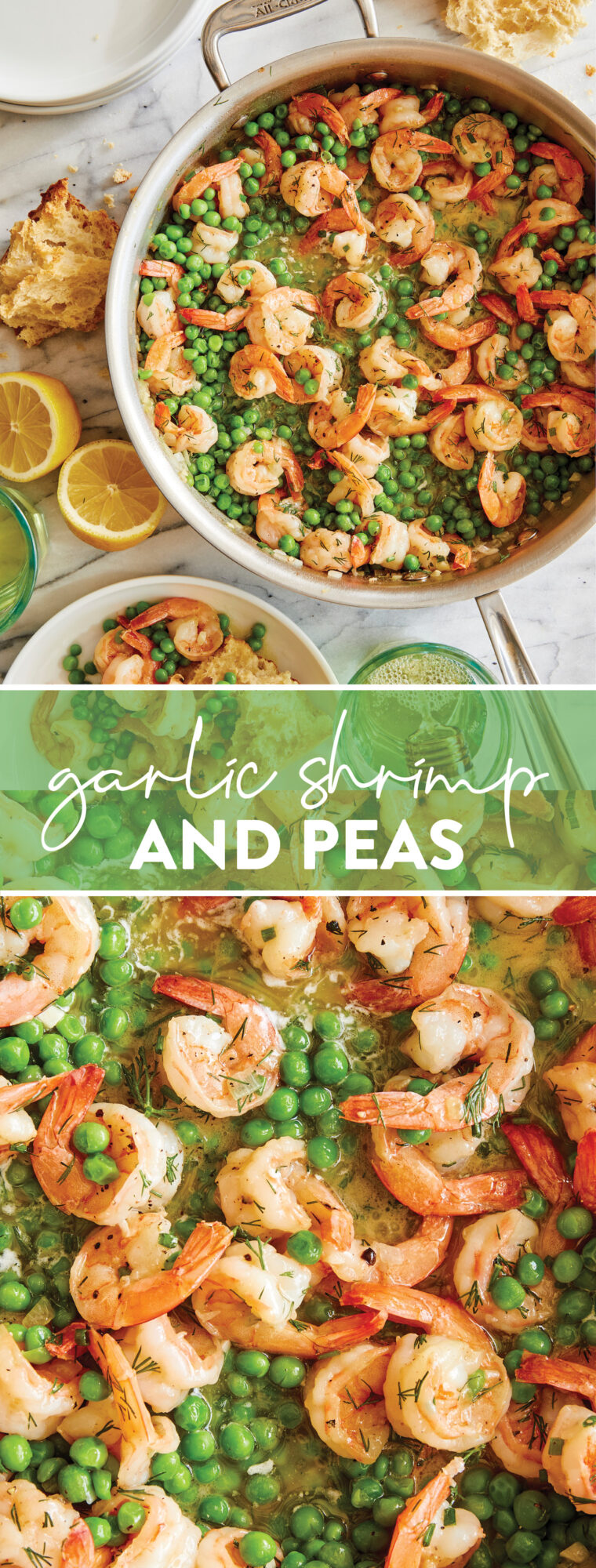 Garlic Shrimp and Peas - Juicy, tender shrimp swimming in a pool of garlicky, buttery goodness. Serve with crusty bread or pasta. SO SO GOOD!