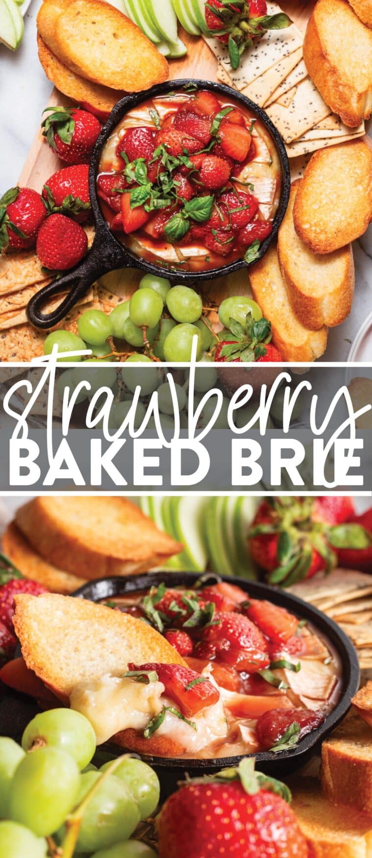 Strawberry Baked Brie - A crowd-pleasing appetizer! Warm, melted brie topped with all the honey-basil-strawberry goodness. SO AMAZINGLY GOOD!