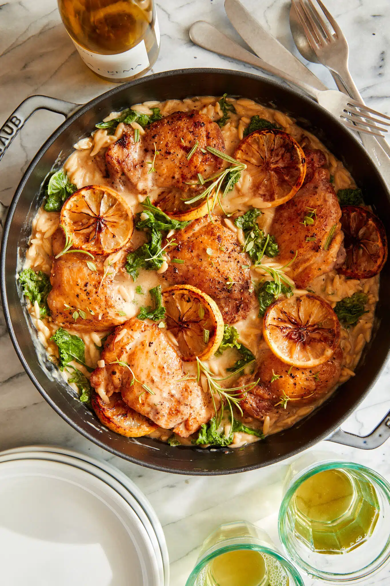 one pot halal chicken lemon orzo broth spinach Parmesan 25 minutes weeknight dinner