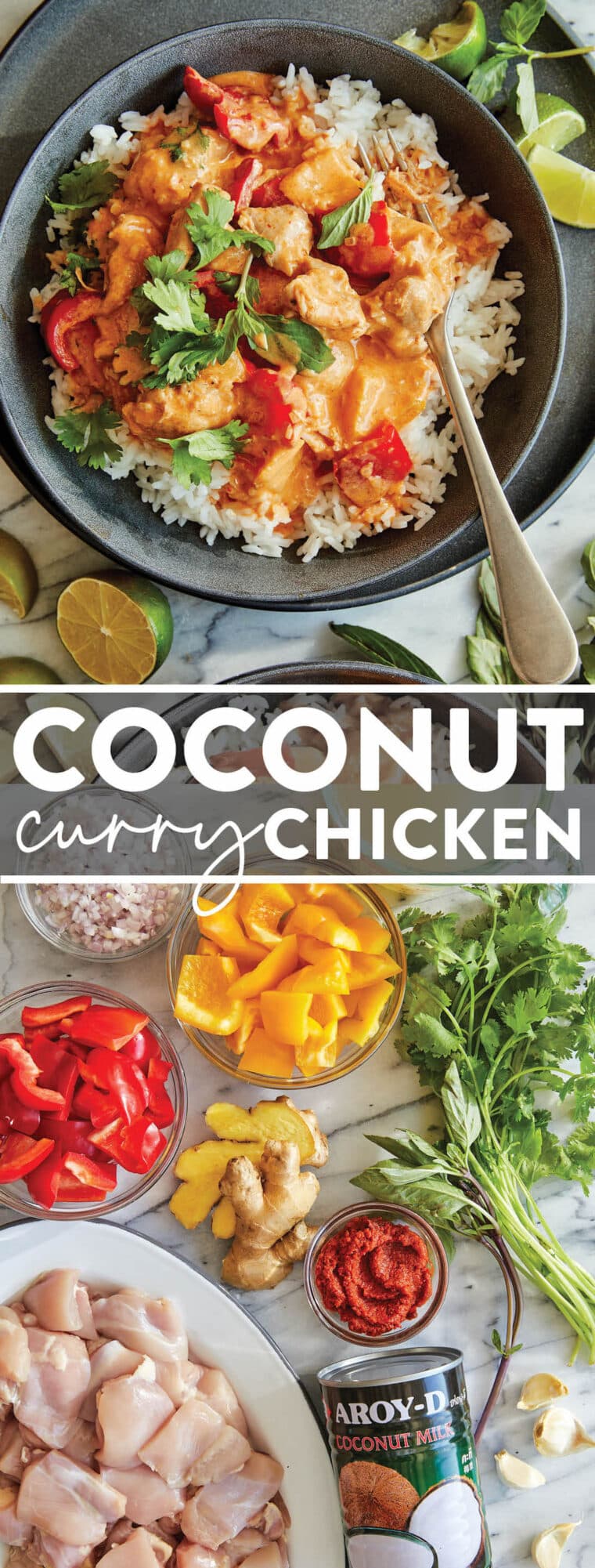 Coconut Curry Chicken - 1000x better than takeout! Tender chicken + veggies in a heavenly curry sauce. Serve over rice to sop up everything!