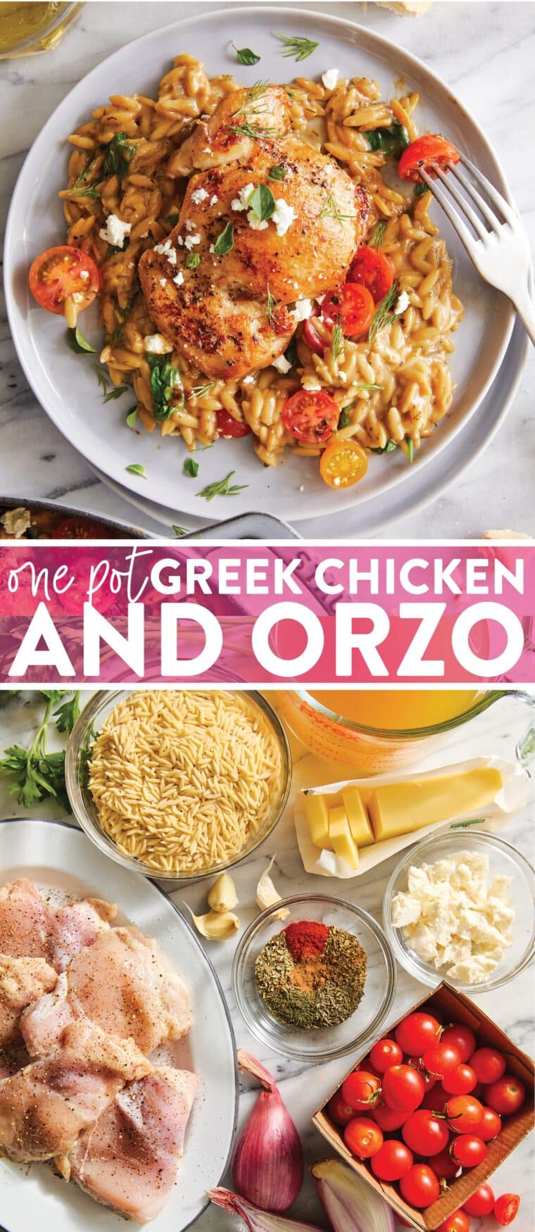 One Pot Greek Chicken and Orzo - Tender, juicy chicken and the creamiest orzo ever (that cooks right in the pan) topped with tomatoes + feta!