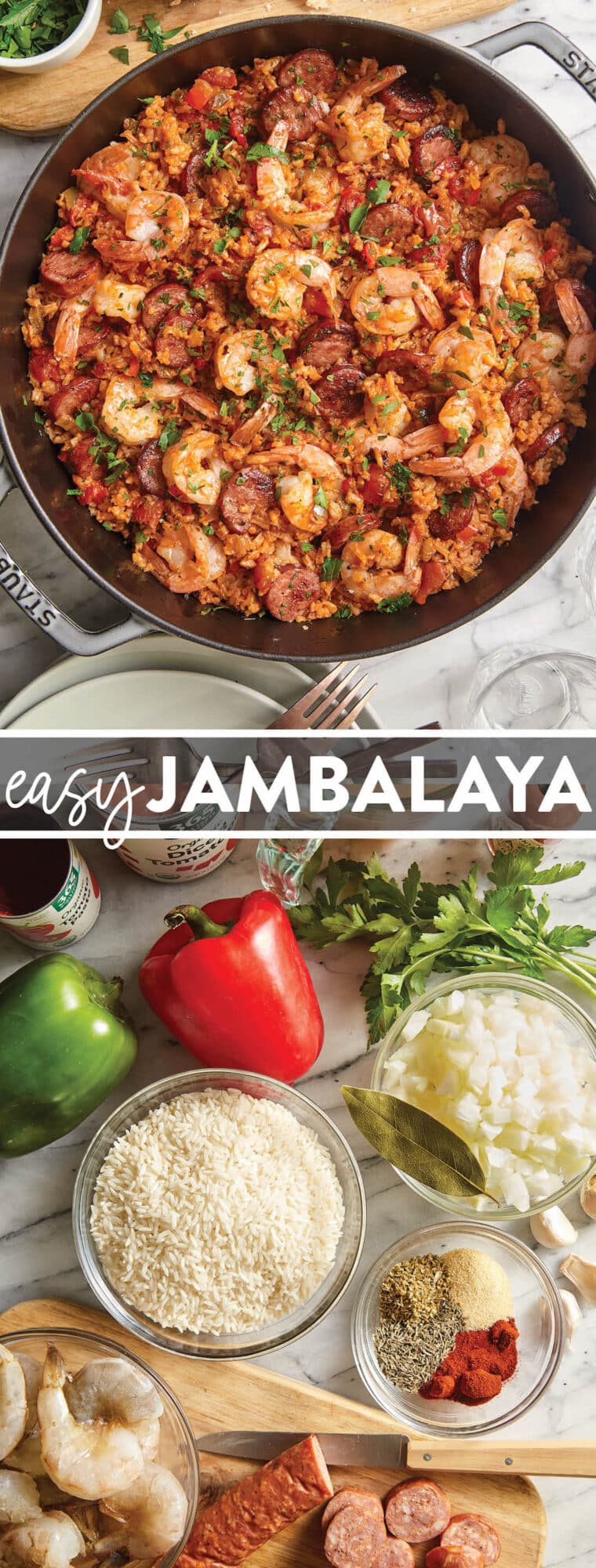 Easy Jambalaya - With sausage, shrimp, veggies, rice + all the best signature flavors, all made in ONE POT! So good with the easiest clean up!