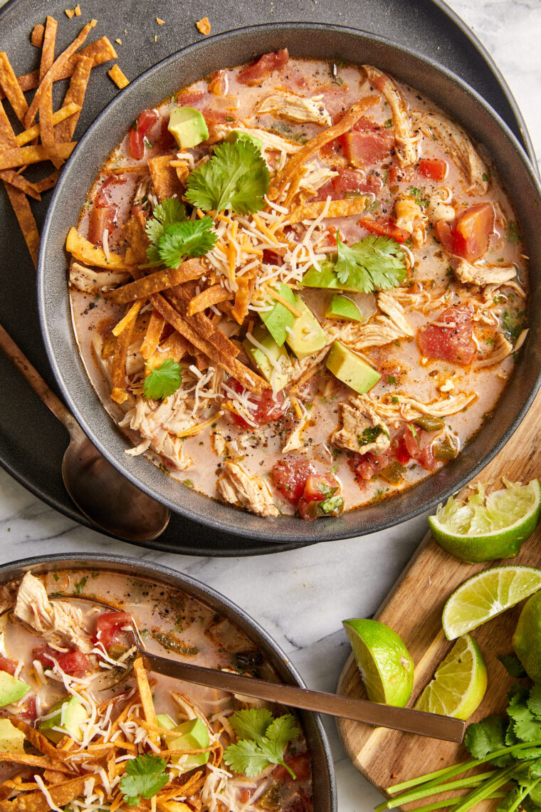 Creamy Chicken Tortilla Soup - Simple, one pot dinner with tender shredded chicken loaded with your favorite toppings. So creamy & so so cozy.