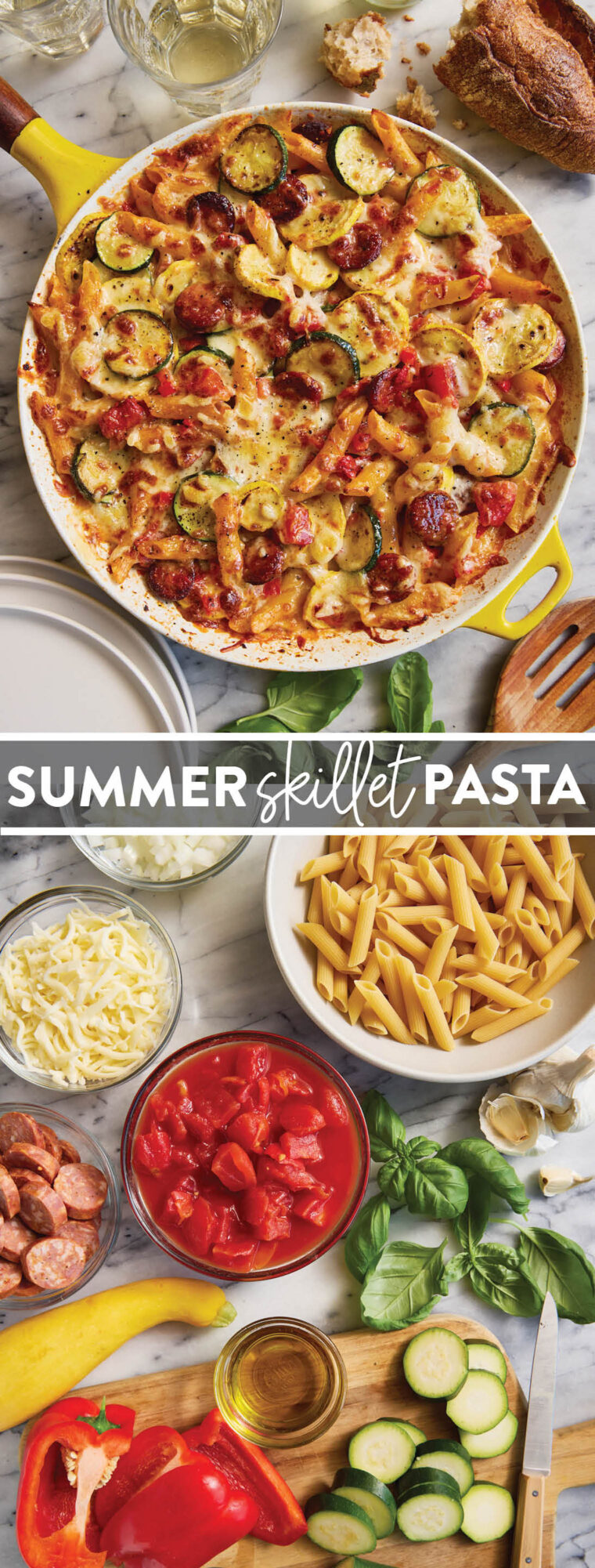 Summer Skillet Pasta - Cheesy baked pasta with the best summer vegetables and andouille sausage! Even your picky eaters will gobble this up!