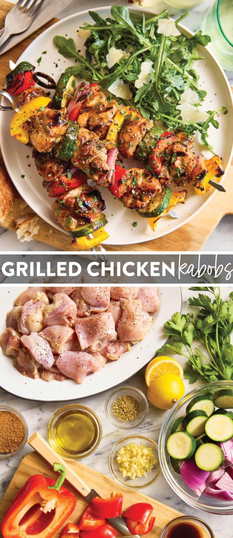 Grilled Chicken Kabobs - With the best marinated chicken, zucchini, bell pepper and red onion. Juicy, tender, and packed with so much flavor!