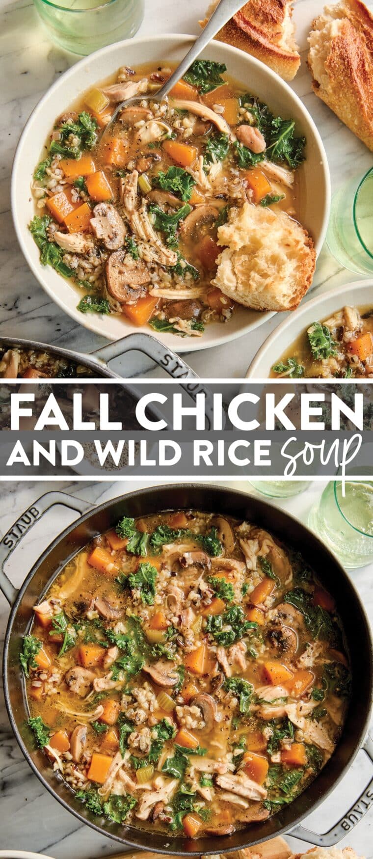 Fall Chicken and Wild Rice Soup - This cozy chicken and wild rice soup is a must for fall! With tender shredded chicken, wild rice, and butternut squash (or sweet potato)!