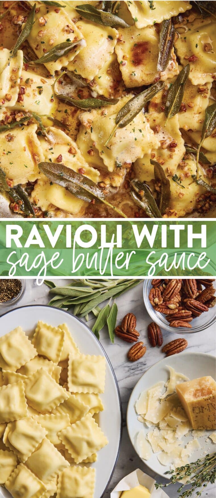 Ravioli with Sage Butter Sauce - The quickest (BEST!) 25 min dinner. With a nutty garlicky brown butter sauce, crispy sage & toasted pecans!