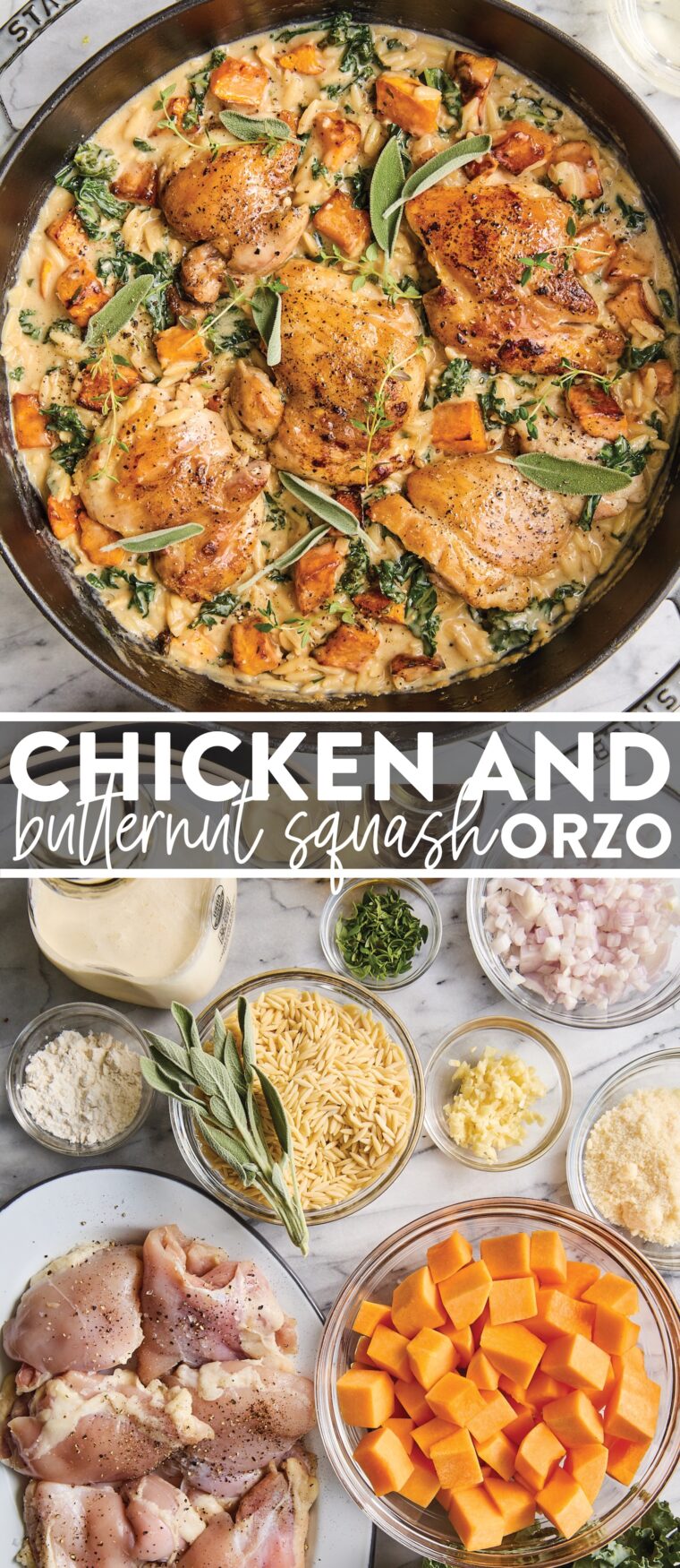 Chicken and Butternut Squash Orzo - Made with tender, juicy chicken, roasted butternut squash, creamy orzo, and sneaked in greens! A cozy, fall dinner, and a weeknight favorite!