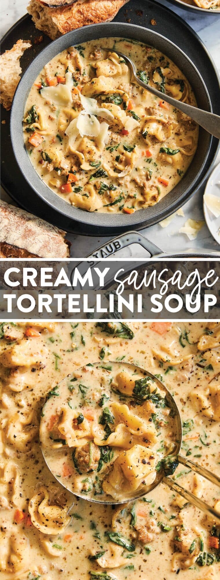 Sausage Tortellini Soup - Quick, easy weeknight meal made in 40 min! With crumbled sausage, tortellini, spinach, cream and basil. So creamy!