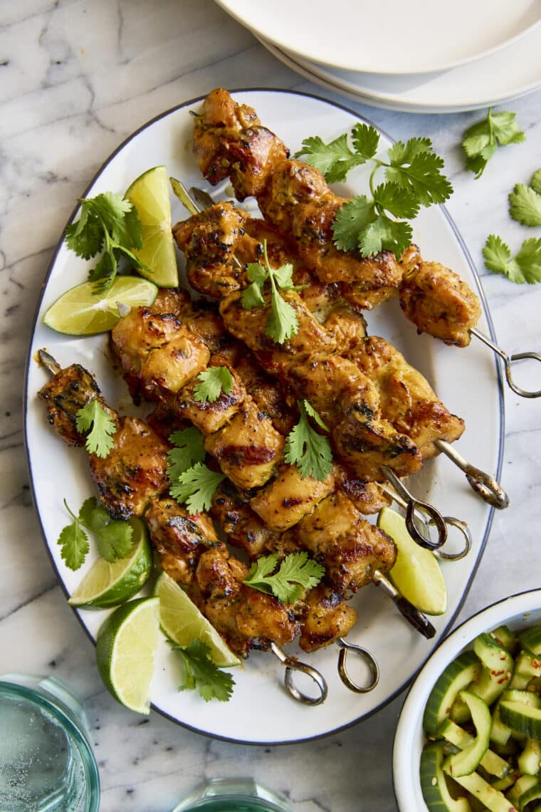 Peanut Chicken Kabobs - Moist, tender, juicy chicken! The most flavorful and easy marinade. Served with the creamiest, dreamiest peanut sauce!