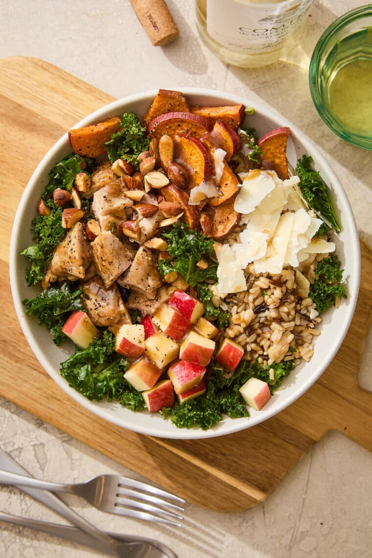 Chicken Harvest Bowl (Sweetgreen Copycat) - Kale, wild rice, chicken, sweet potatoes + balsamic vinaigrette! Much cheaper and so much tastier!