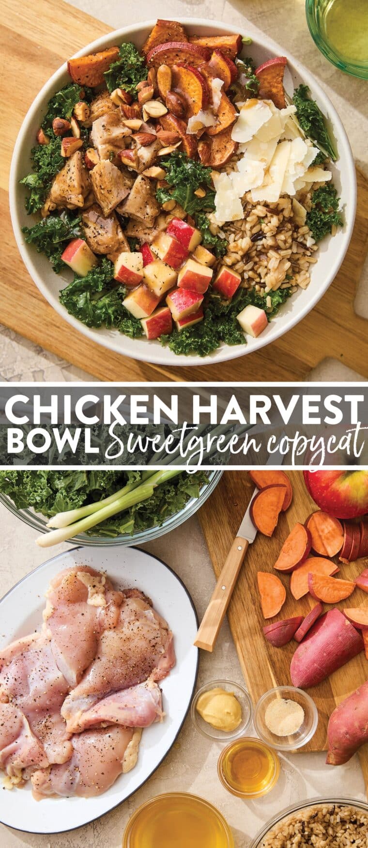 Chicken Harvest Bowl (Sweetgreen Copycat) - Kale, wild rice, chicken, sweet potatoes + balsamic vinaigrette! Much cheaper and so much tastier!