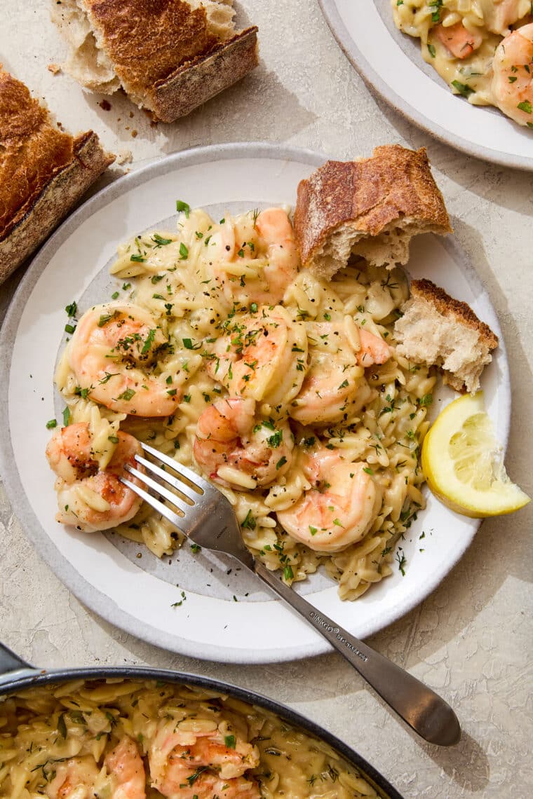 One Pot Garlic Butter Shrimp and Orzo - A cozy, quick-cooking one pot meal with juicy shrimp and the dreamiest, most velvety, creamy orzo. Made in 40 min! So easy, so so good.