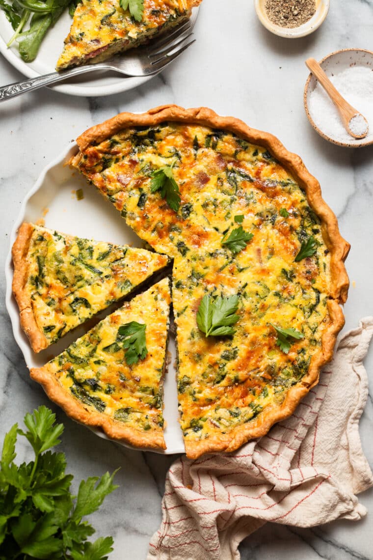 cooked quiche in slices